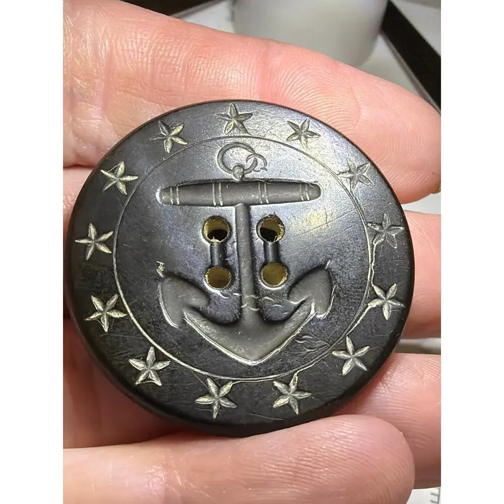 Vintage Black Anchor Nautical Button Metal Inlay Stars A W R Co Military Style